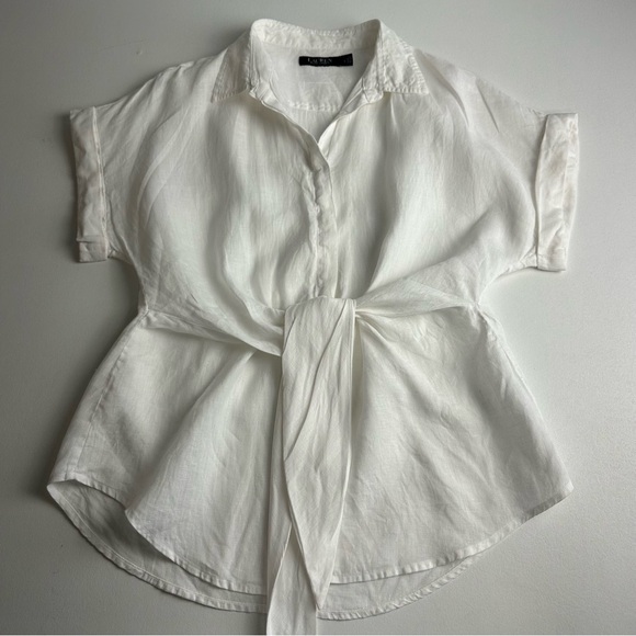 Ralph Lauren size,L linen tie, front concealed button short cuff sleeve blouse - Picture 10 of 14